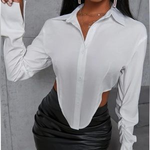 Ruched Sleeve Split Cuff Asymmetrical Hem Shirt